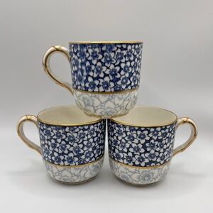 Rare Antique Royal Worcester Blue/White Floral Porcelain Demitasse Cups Set of 3
